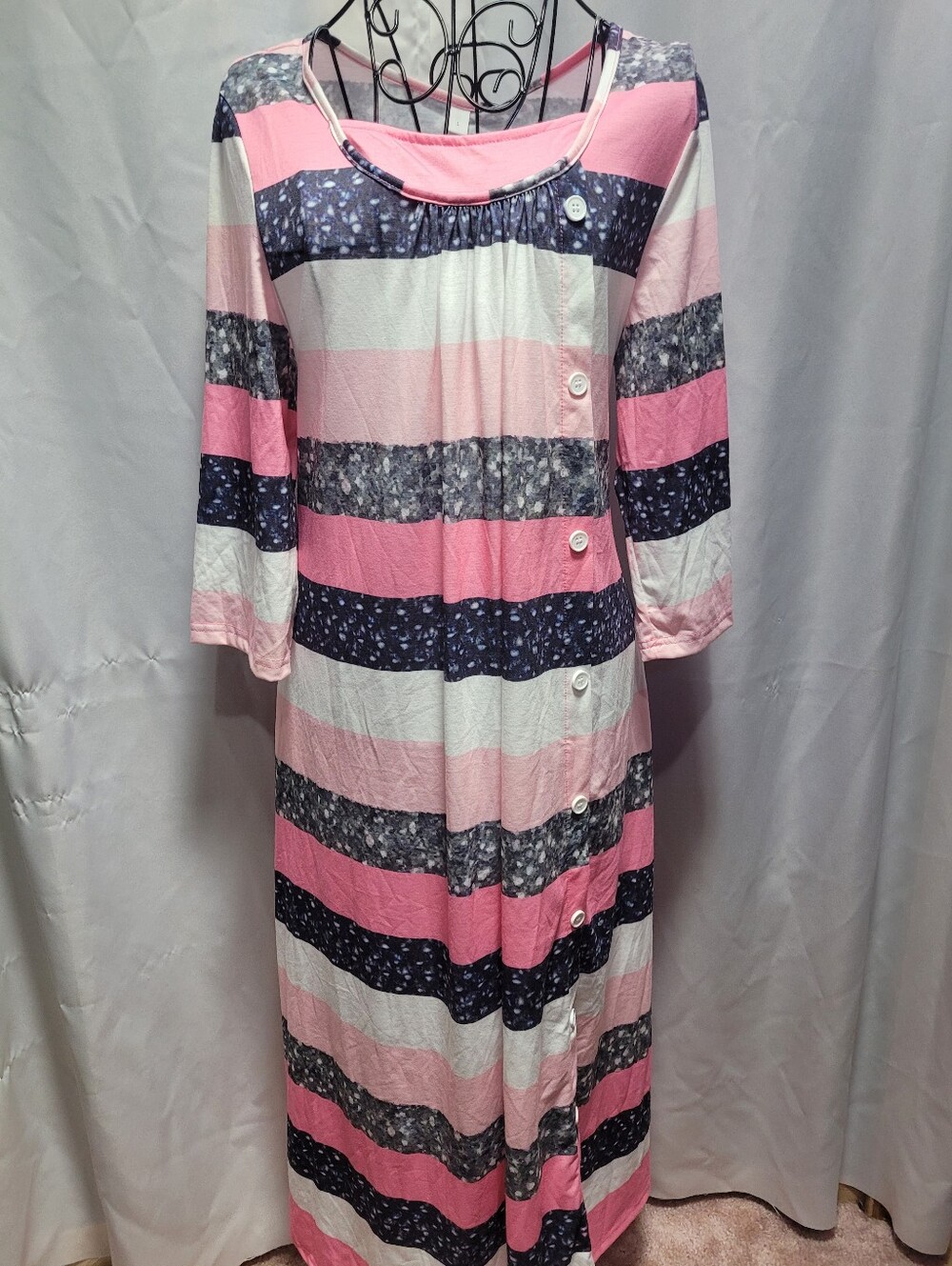 Womens Pink and Black Striped Button-Front Sleep Dress